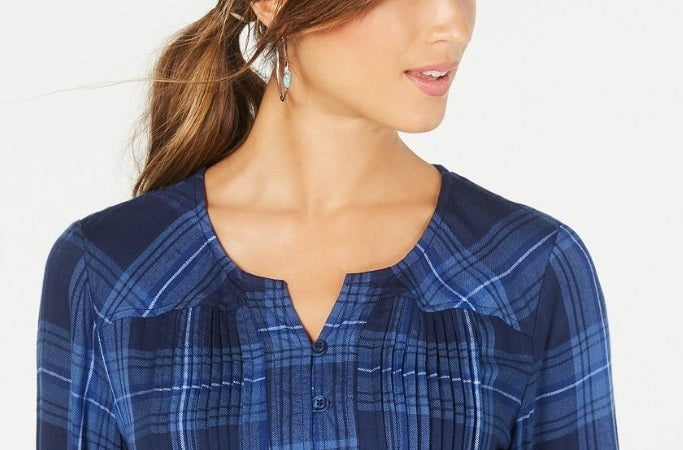 Style & Co Women's Plaid Split-Neck Top Blue  Size Large