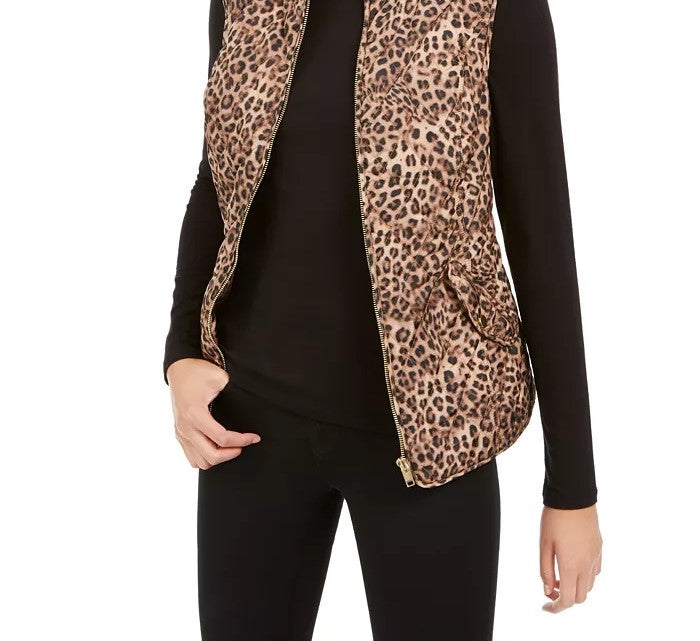 Charter Club Women's Petite Printed Zip-Front Vest Beige Size Petite L