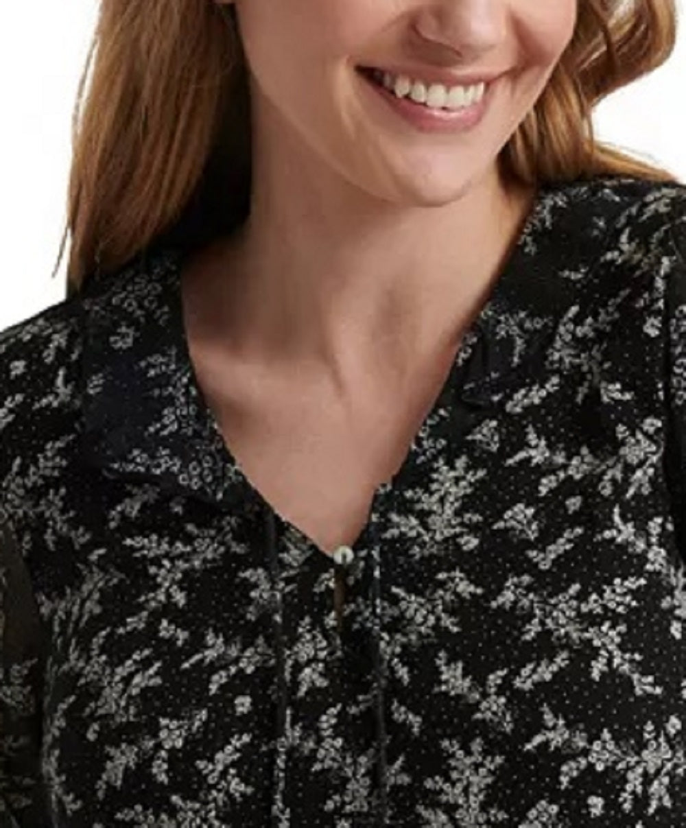 Lucky Brand Women's Mixed Print Sheer Sleeve Top Black Size Small