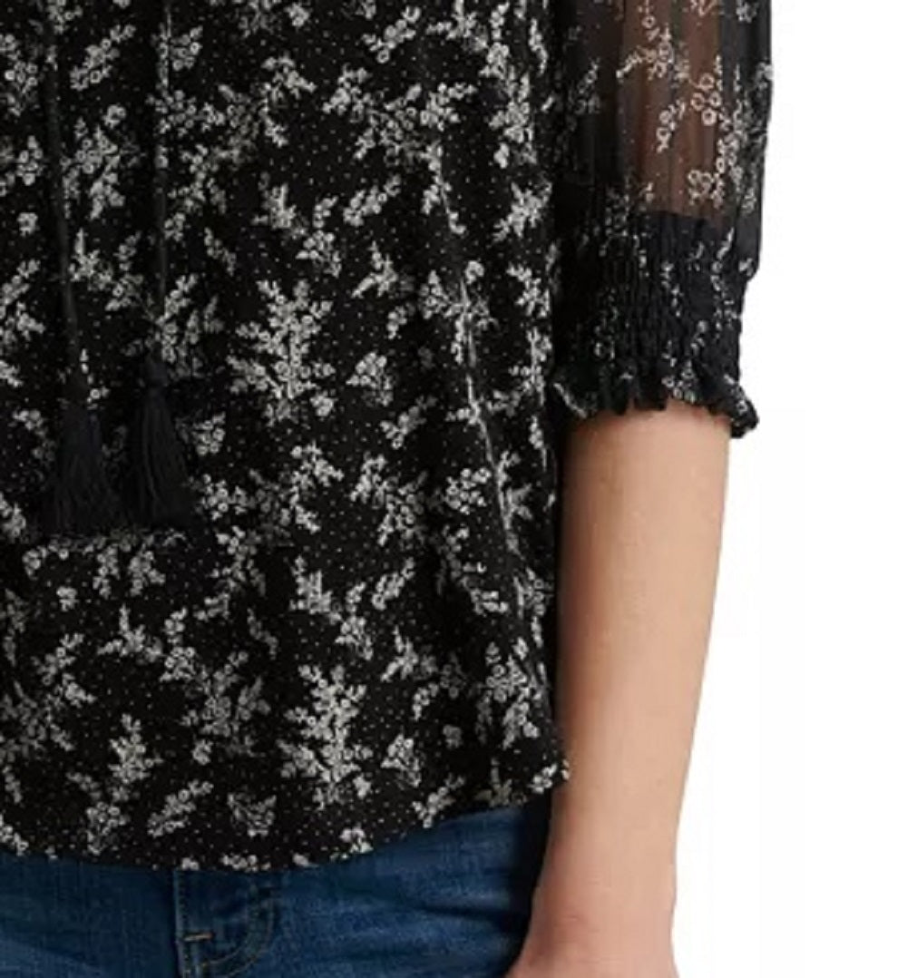 Lucky Brand Women's Mixed Print Sheer Sleeve Top Black Size Small