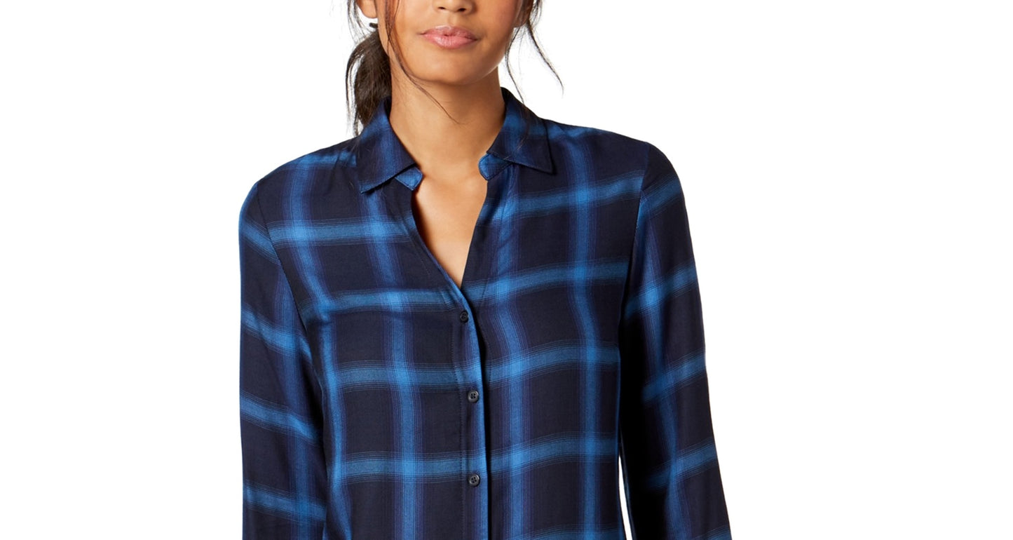 INC International Concepts Women's Plaid Button up Shirt Blue Size -M