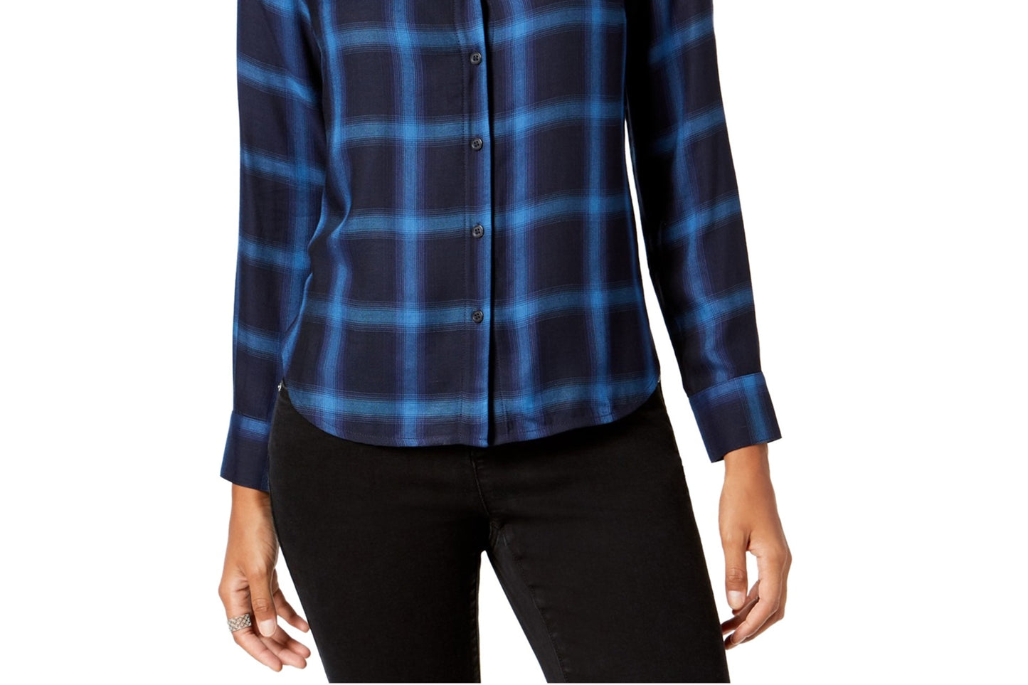 INC International Concepts Women's Plaid Button up Shirt Blue Size -M