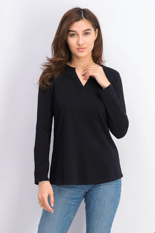 Charter Club Women's Petite Split-Neck Short-Sleeve Top Black  Size XL