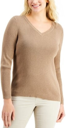 Karen Scott Women's Petite V-Neck Sweater Beige Size Petite L