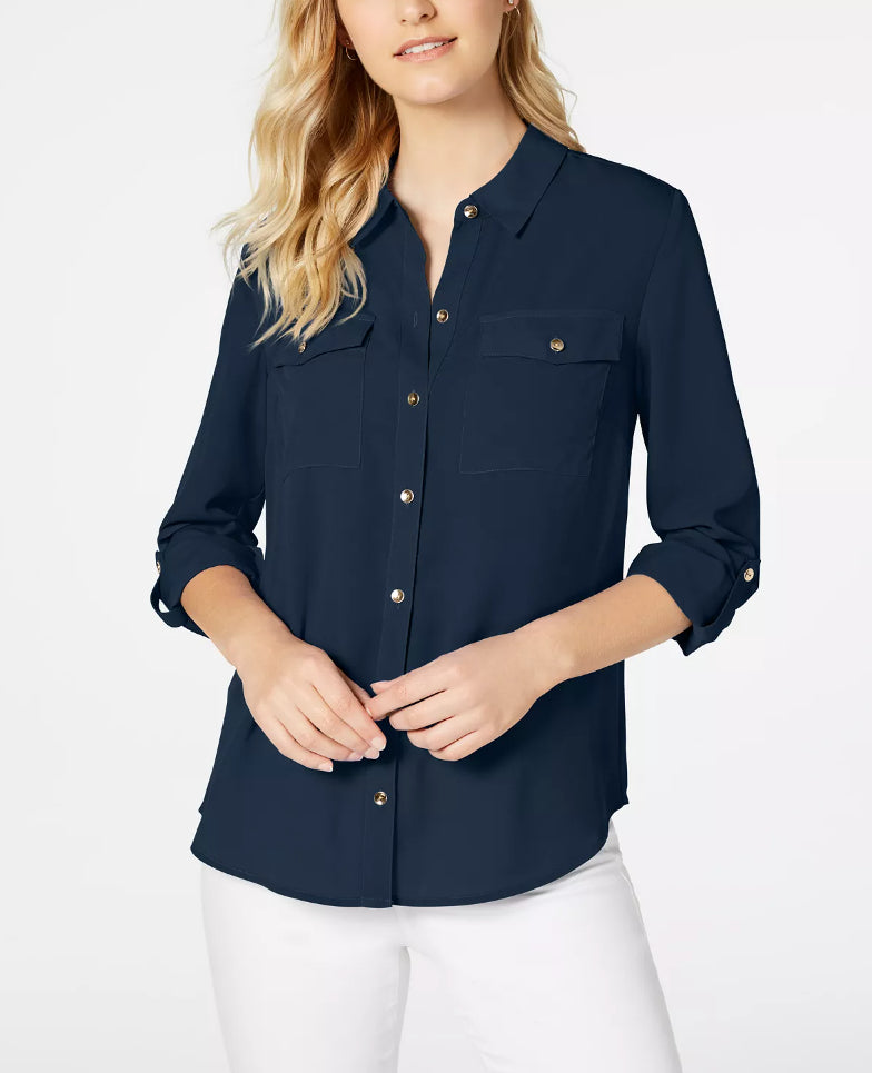 Charter Club Women's Petite Solid Button-Up Shirt Blue Size Petite Medium
