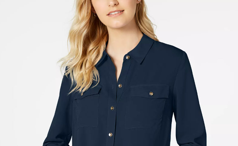Charter Club Women's Petite Solid Button-Up Shirt Blue Size Petite Medium