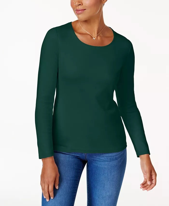 Karen Scott Women's Petite Cotton Scoop-Neck Top Green Size L