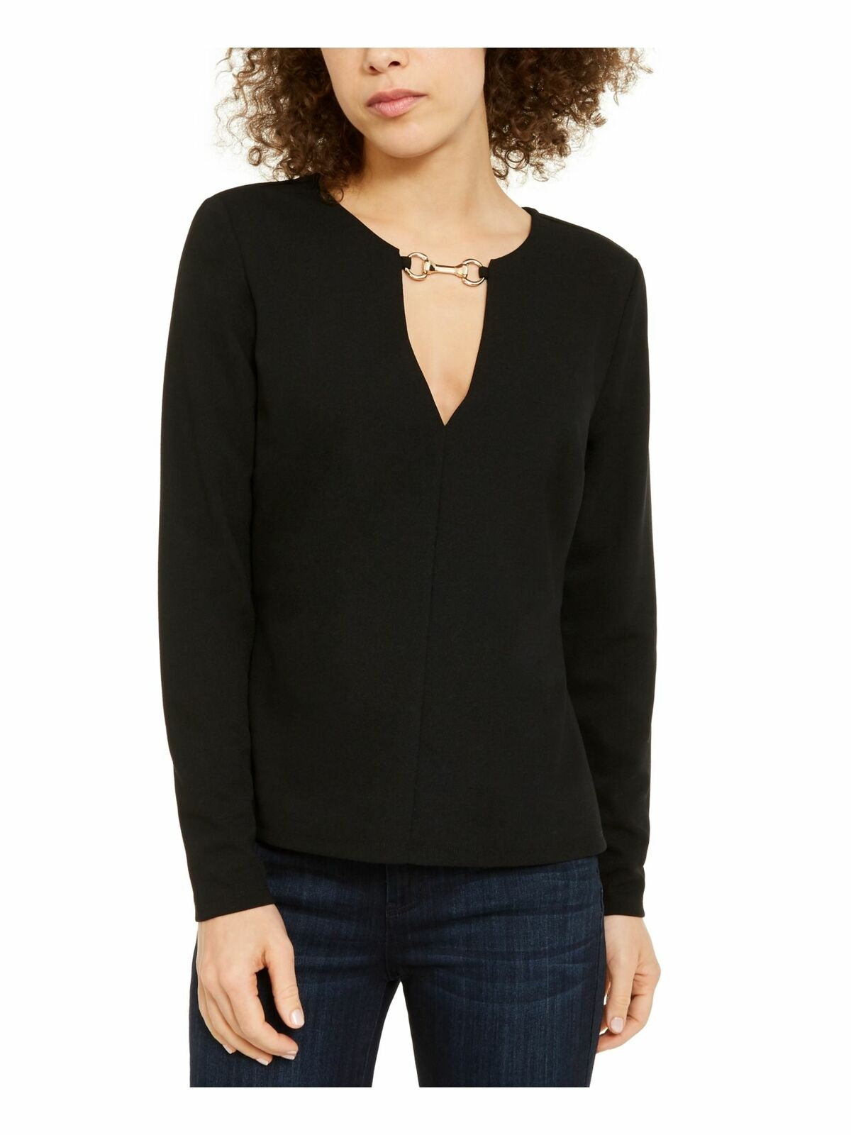 INC International Concepts Women's V-Neck Hardware Top Black  Size Medium