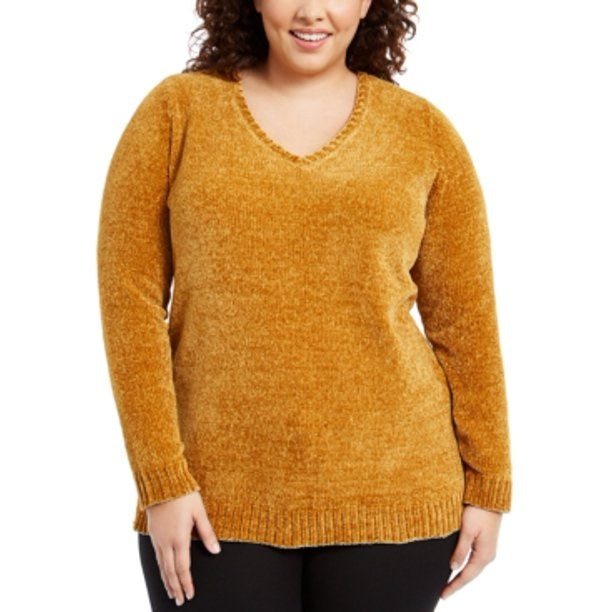 Karen Scott Women's Plus Size V-Neck Chenille Sweater Yellow Size 1X