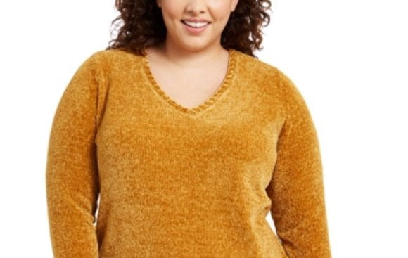 Karen Scott Women's Plus Size V-Neck Chenille Sweater Yellow Size 1X
