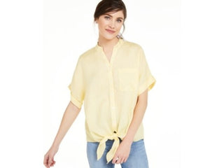 Charter Club Women's Linen Tie Front Button Up Shirt Yellow Size Medium