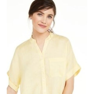 Charter Club Women's Linen Tie Front Button Up Shirt Yellow Size Medium