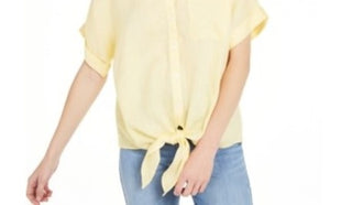 Charter Club Women's Linen Tie Front Button Up Shirt Yellow Size Medium