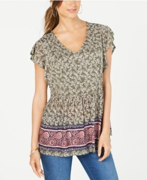 Style & Co Women's Flutter Sleeve Printed Peplum Top Green  Size PP