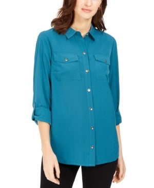 Charter Club Women's Two Pocket Shirt Green  Size Medium