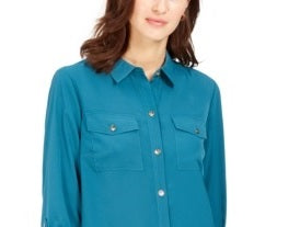 Charter Club Women's Two Pocket Shirt Green  Size Medium
