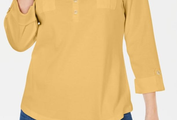 Karen Scott Women's Woven Split Neck Top Orange Size Small