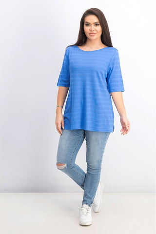 Charter Club Women's Cotton Texture Striped Elbow Sleeve Top  Blue Size Large