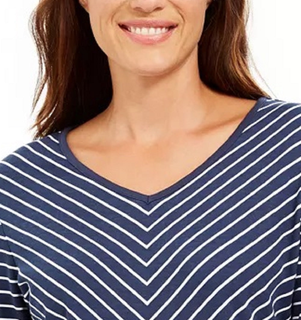 Karen Scott Women's Striped 3/4 Sleeve V Neck Top Blue Size Petite Small