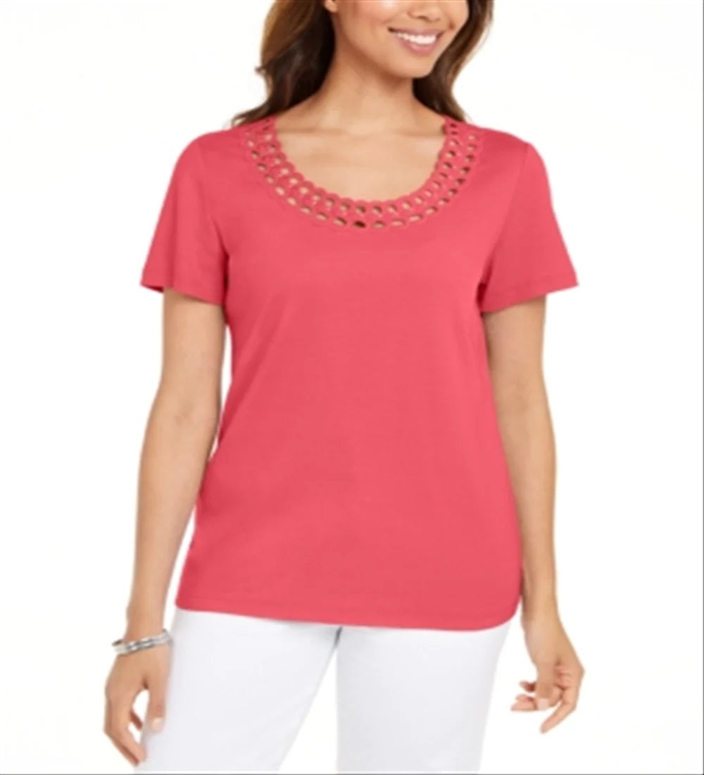 Karen Scott Women's Cotton Scalloped Neck T-Shirt Pink Size XX-Large