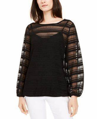 Alfani Women's Petite Sheer-Stripe Balloon-Sleeve Top Black Size Petite Medium