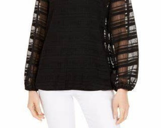 Alfani Women's Petite Sheer-Stripe Balloon-Sleeve Top Black Size Petite Medium