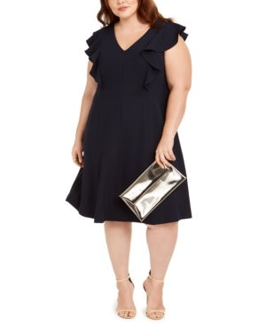 Jessica Howard Women's Solid Cap Sleeve Jewel Neck Knee Length Fit + Flare Dress -Blue Size 18W