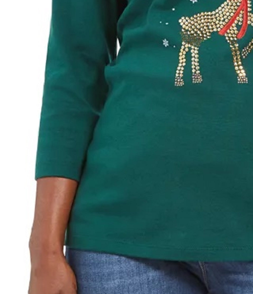Karen Scott Women's Deer Decor Scoop Neck Top  Green Size PSM