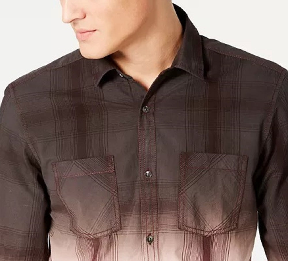 INC International Concepts Men's Regular Fit Dip Dyed Plaid Shirt Brown Size Small