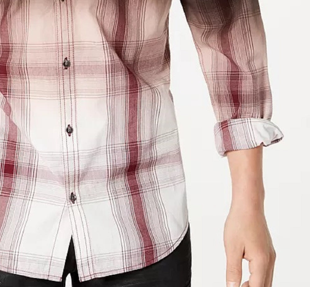 INC International Concepts Men's Regular Fit Dip Dyed Plaid Shirt Brown Size Small