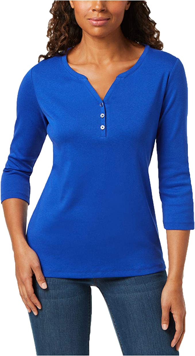 Karen Scott Women's Cotton Henley Shirt Dark Blue Size Petite Small
