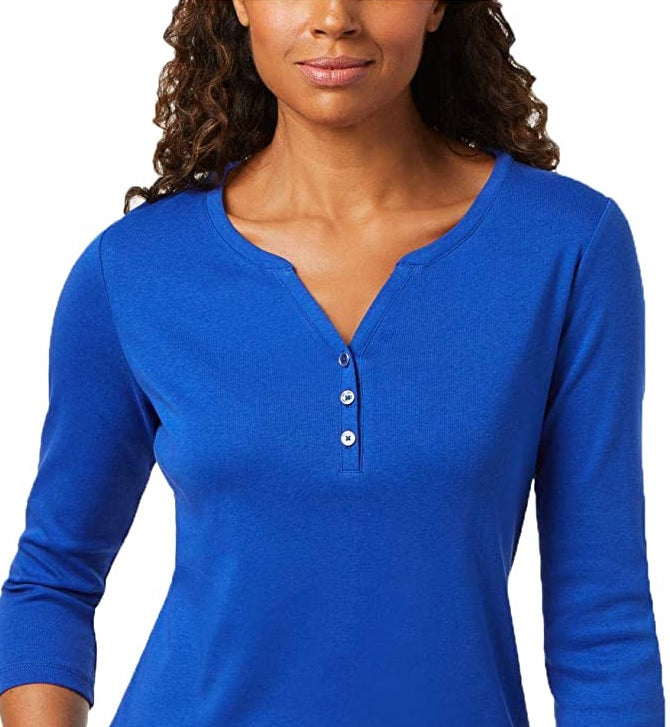 Karen Scott Women's Cotton Henley Shirt Dark Blue Size Petite Small