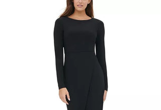 Tommy Hilfiger Women's Zippered Long Sleeve Jewel Neck Below The Knee Evening Dress Black Size 16