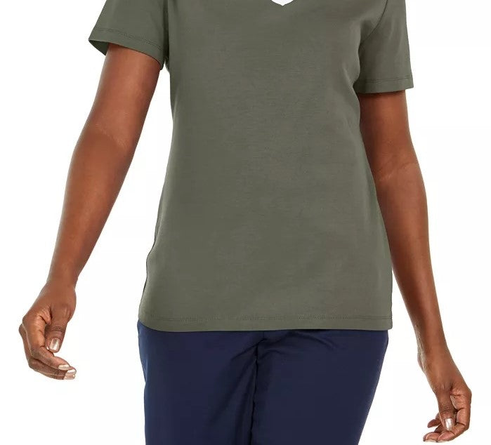 Karen Scott Women's Cotton Lattice Trim Top Green Size X-Small