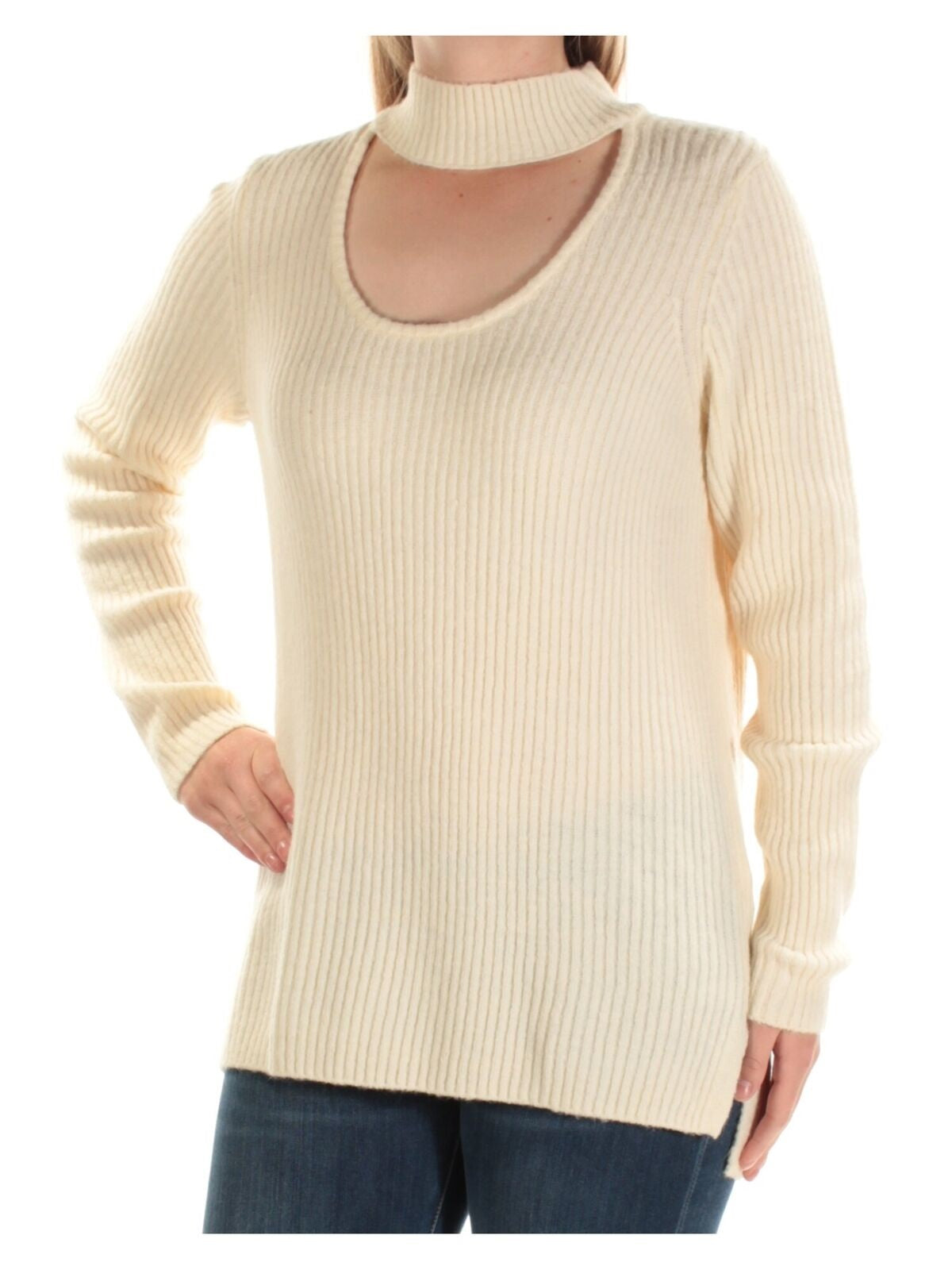 INC International Concepts Women's Waffle Knit Side Zip Tunic Sweater Beige Size Large