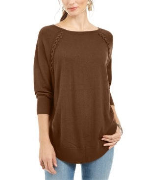 Style & Co Women's Lace Up Chevron Trim Sweater Brown Size XL