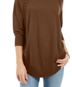 Style & Co Women's Lace Up Chevron Trim Sweater Brown Size XL