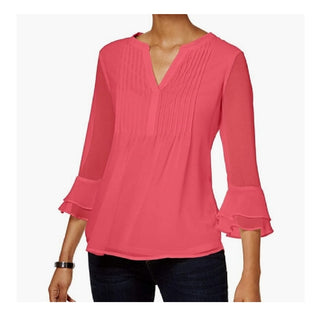 Charter Club Women's Petite Double-Ruffle Textured Pintuck Top Coral Size Petite XL