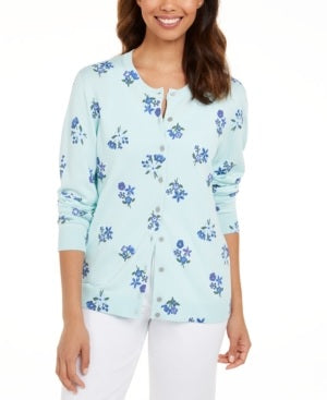 Karen Scott Women's Floral Print Cardigan Blue Size S