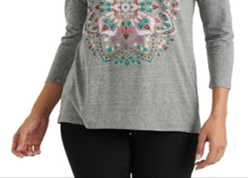 Lucky Brand Women's Mandala 3/4-Sleeve T-Shirt Gray Size XL