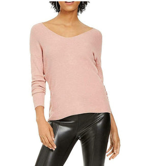 Bar III Women's Low Back Long Sleeve Scoop Neck Sweater Pink Size Large