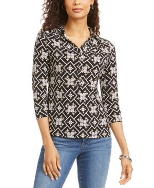Charter Club Women's 3/4 Sleeve Printed Polo Top Black Size XX-Large