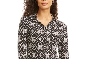 Charter Club Women's 3/4 Sleeve Printed Polo Top Black Size XX-Large