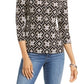 Charter Club Women's 3/4 Sleeve Printed Polo Top Black Size XX-Large