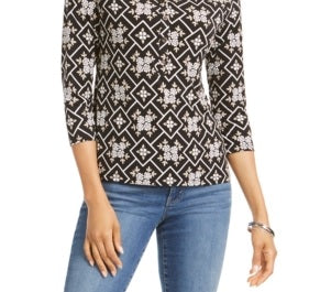 Charter Club Women's 3/4 Sleeve Printed Polo Top Black Size XX-Large