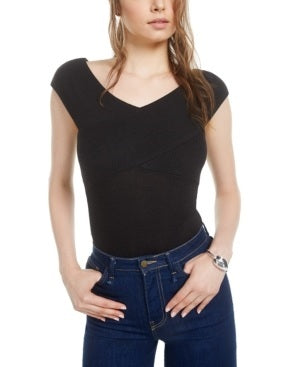 Bar III Women's Ribbed Crossover Bodysuit Black Size X-Small
