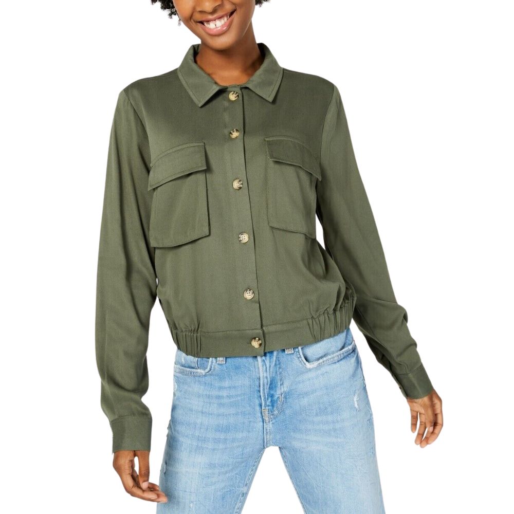 Ultra Flirt Women's Elastic Hem Utility Shirt Green Size Medium