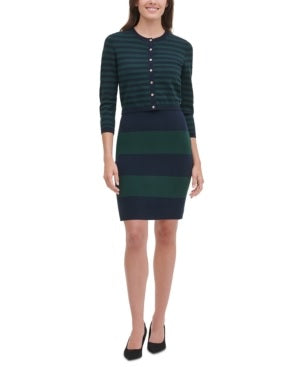 Tommy Hilfiger Women's Button Up Long Sleeve Crew Neck Sweater Green/Navy Size Large