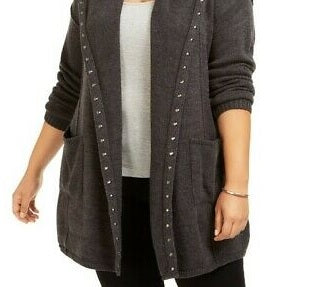 Style & Co Women's Hooded Studded Cardigan Grey Size PP