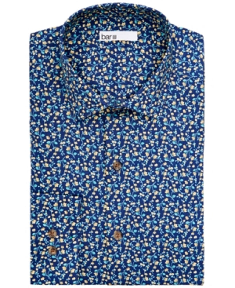 Bar III Men's Slim Fit Floral Button Down Shirt Blue Size 14 14.5 32/33